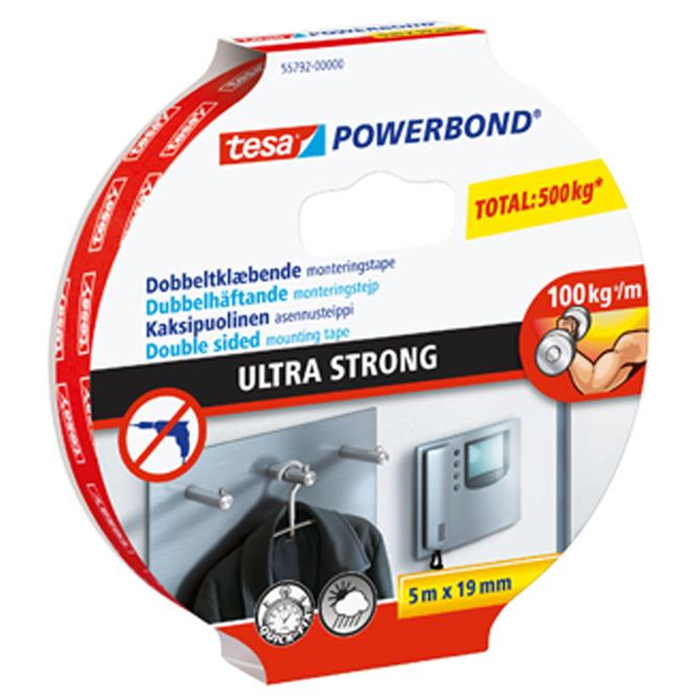 Dobbeltklæbende tape indoor 100kg./m. 5m. x 19mm. Tesa