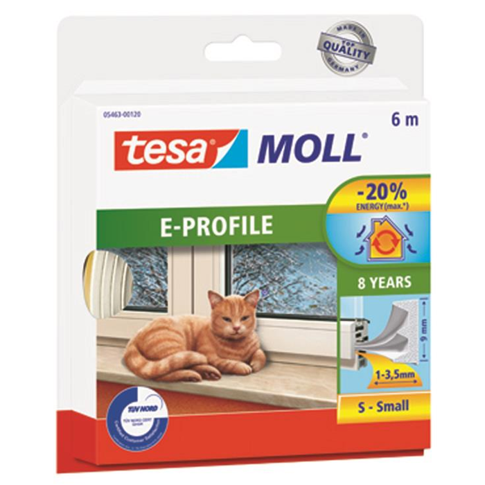 Tætningsliste E-profil 6m. x 9mm. hvid Tesa
