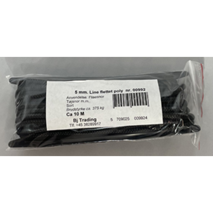 Flisesnor 5mm. 10m. sort flettet poly