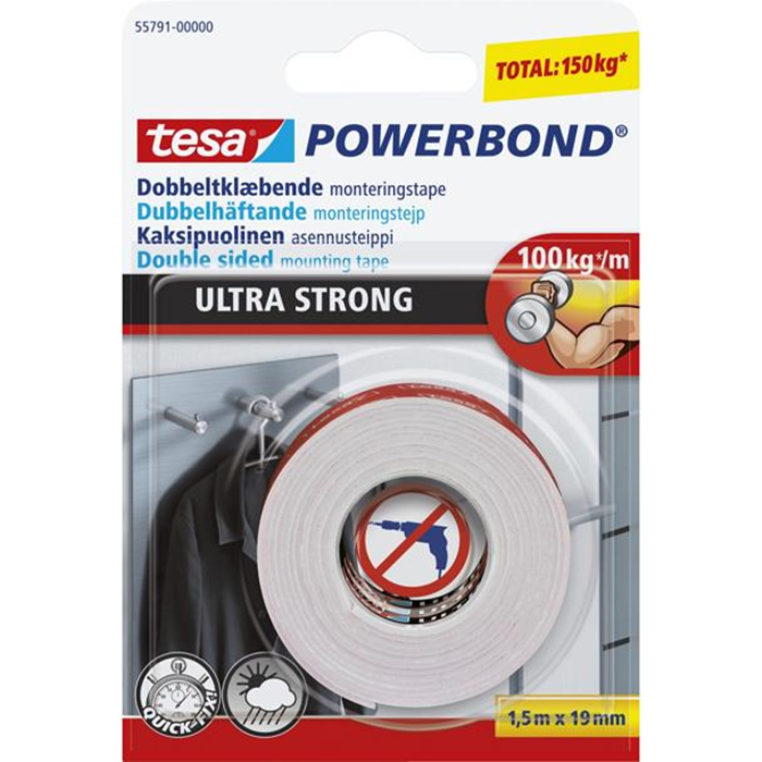 Dobbeltklæbende tape indoor 100kg./m. 1,5m. x 19mm. Tesa