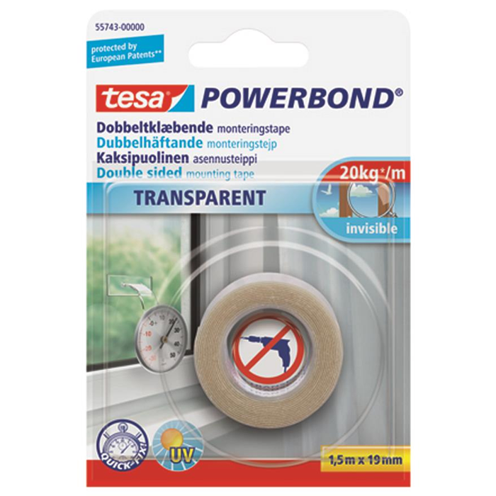 Dobbeltklæbende tape transparent 1,5m. x 19mm. Tesa