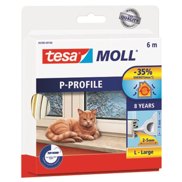 Tætningsliste P-profil 6m. x 9mm. hvid Tesa