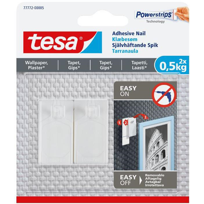 Klæbekroge 0,5kg. 2 stk. hvid (tapet/gips) Tesa